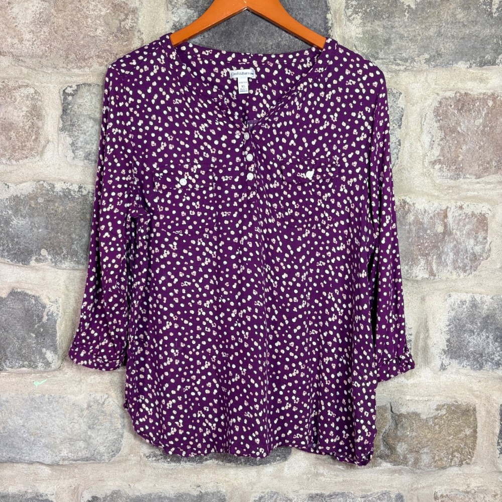 Croft & Barrow Women's XL Purple Abstract Dot 3/4 Sleeve Henley Blouse Top